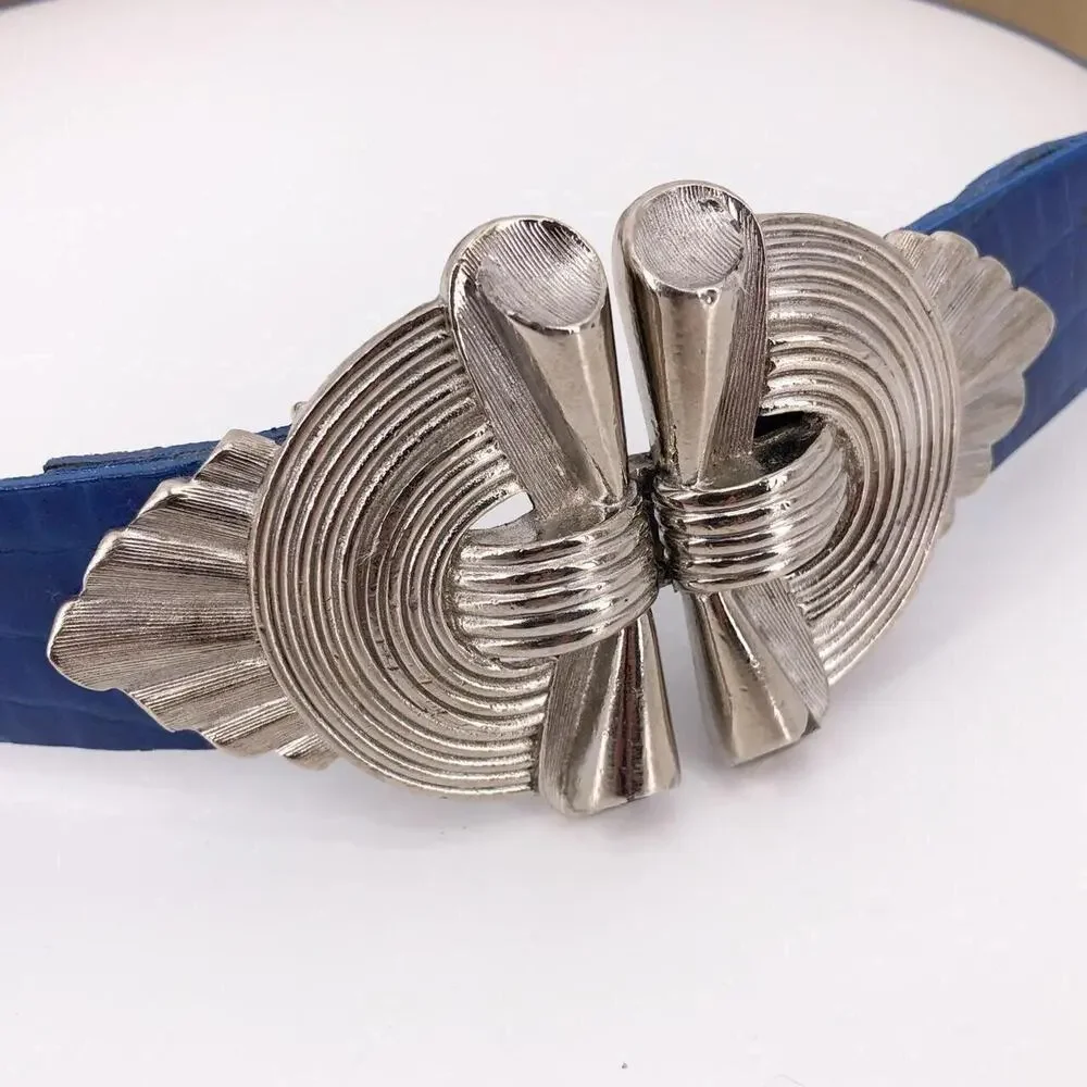 80s Mimi two piece buckle silver & blue belt 1980s vintage